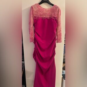 Women's Custom Made Fuchsia Draped Sheath Dress with Beaded Illusion Sleeves